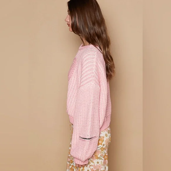 901. 🛑POL AT COST! LAST 1! Crochet Pullover Sweater Pink white Chunky Heart zip - Picture 5 of 6